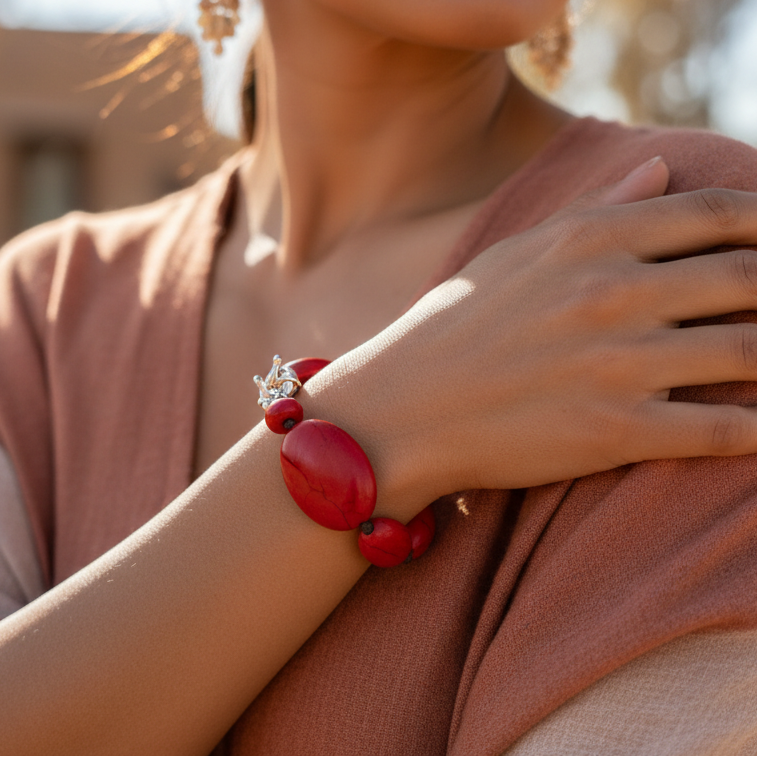 Native Style Chunky Red Stone Beaded Bracelet with Spring Ring Clasp