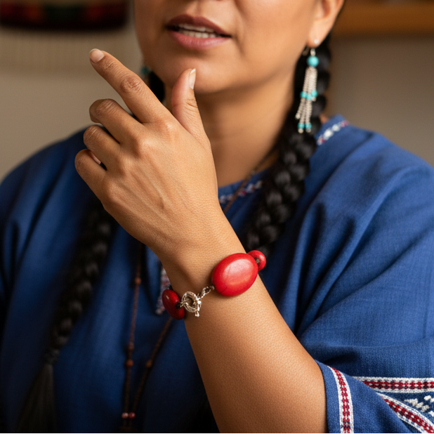 Native Style Chunky Red Stone Beaded Bracelet with Spring Ring Clasp