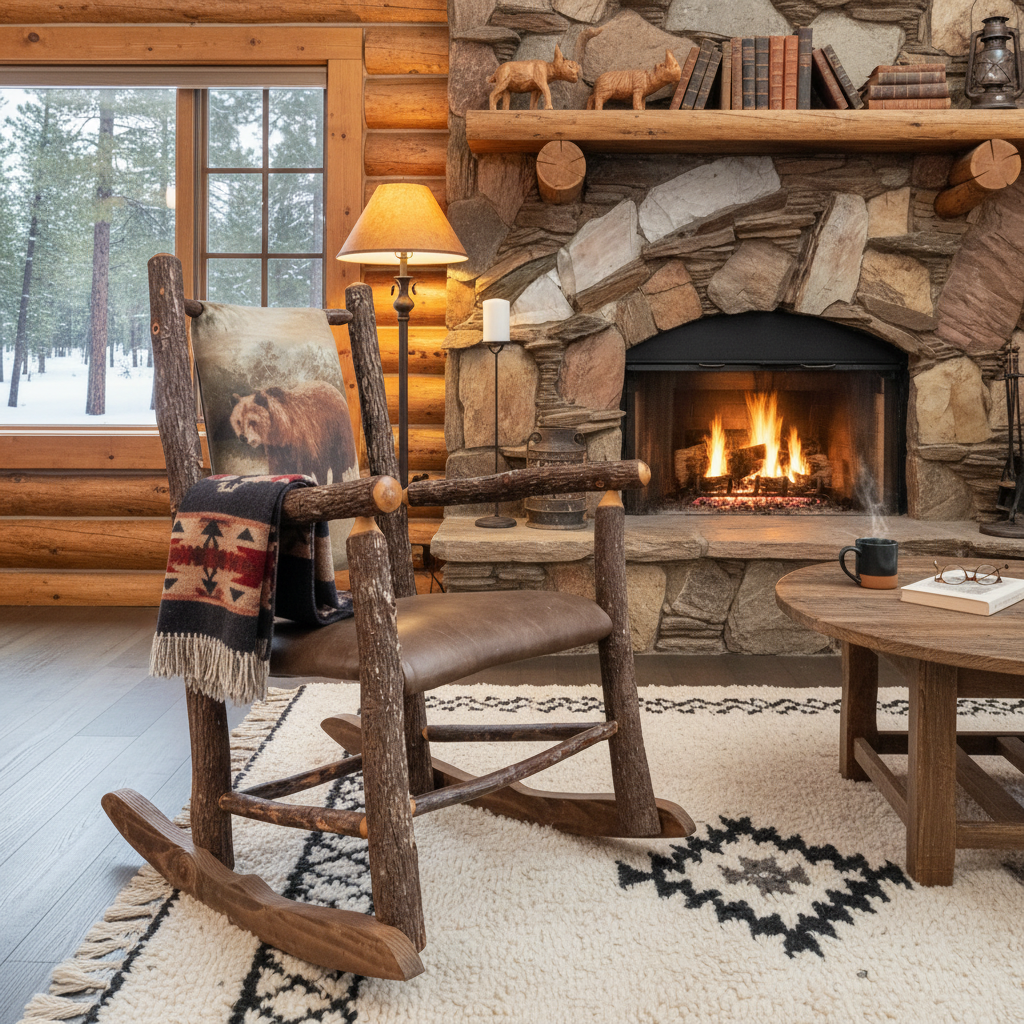 Genuine Old Hickory Wood Rocking Chair Featuring an Original Grizzly Bear Muarl
