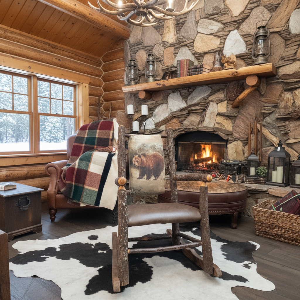 Genuine Old Hickory Wood Rocking Chair Featuring an Original Grizzly Bear Muarl