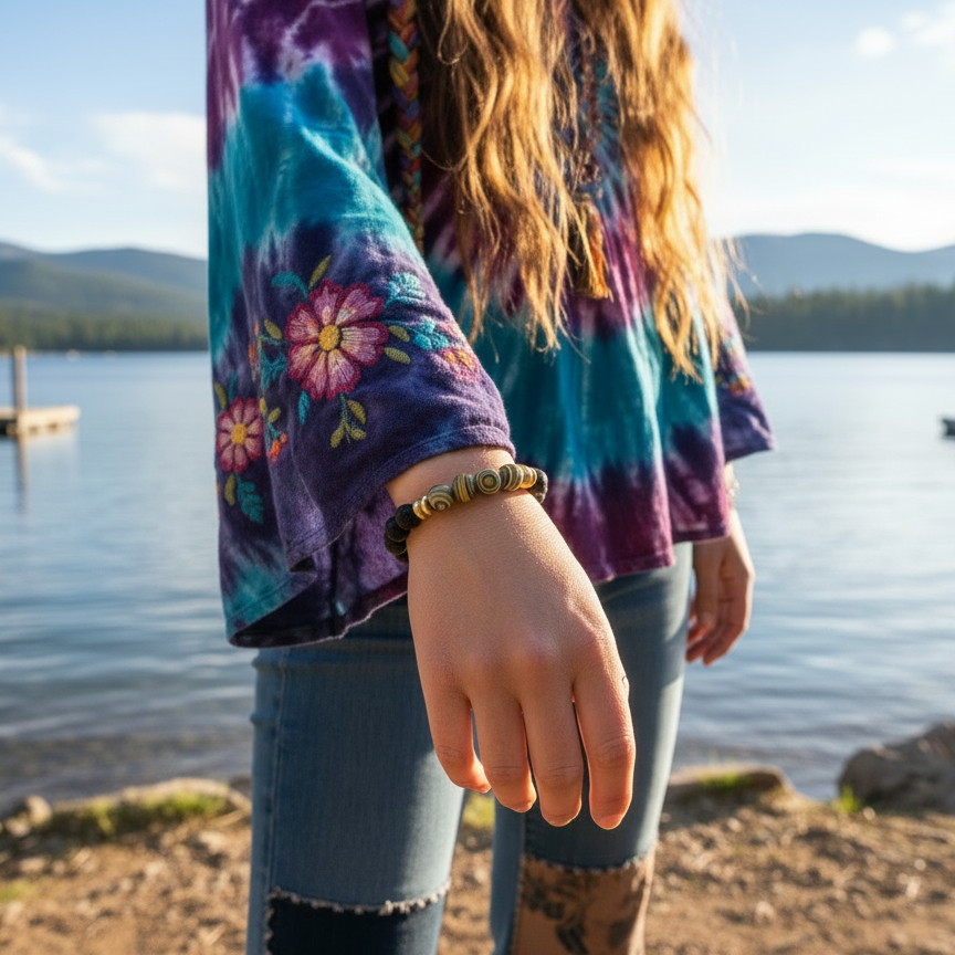 Lovely Lava Stone Beaded Stretch Bracelet Accented with Yellow and Black and White Marbled Beads and Gold-toned Spacer