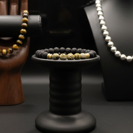 Lovely Lava Stone Beaded Stretch Bracelet Accented with Yellow and Black and White Marbled Beads and Gold-toned Spacer