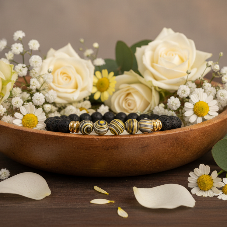 Lovely Lava Stone Beaded Stretch Bracelet Accented with Yellow and Black and White Marbled Beads and Gold-toned Spacer