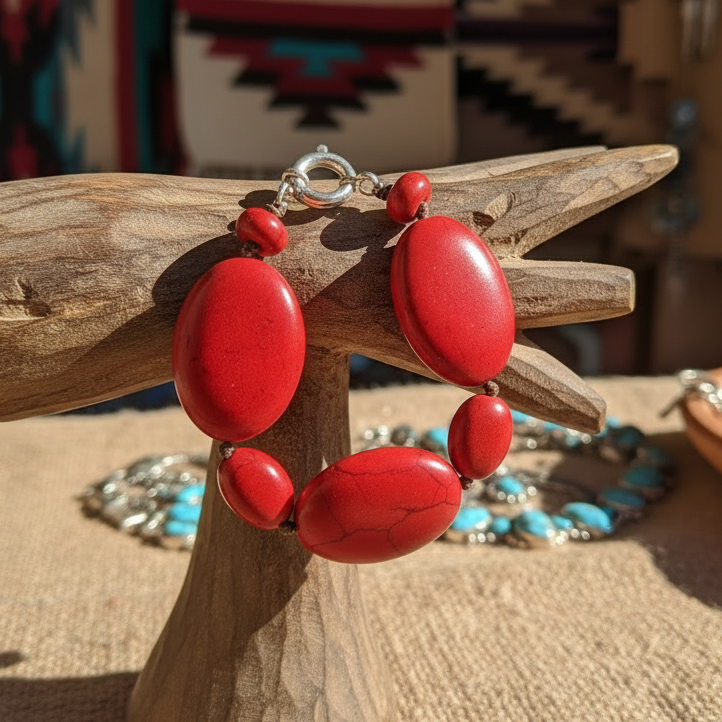 Native Style Chunky Red Stone Beaded Bracelet with Spring Ring Clasp