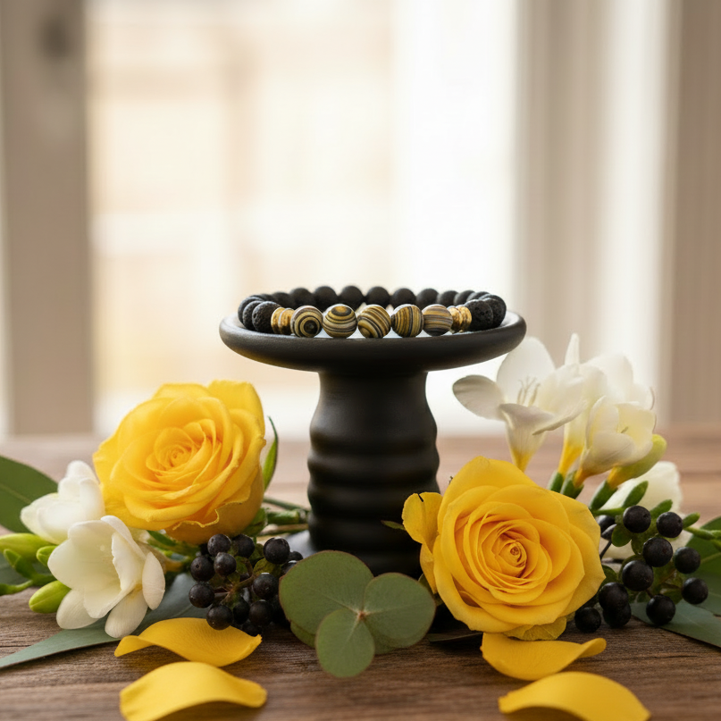 Lovely Lava Stone Beaded Stretch Bracelet Accented with Yellow and Black and White Marbled Beads and Gold-toned Spacer