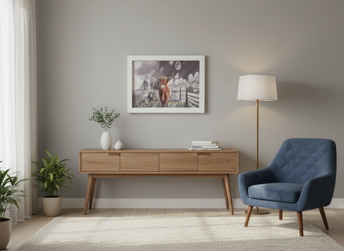 Highland Brown and Grey Cows Canvas Print Wall Art in Custom Solid Wood White Frame