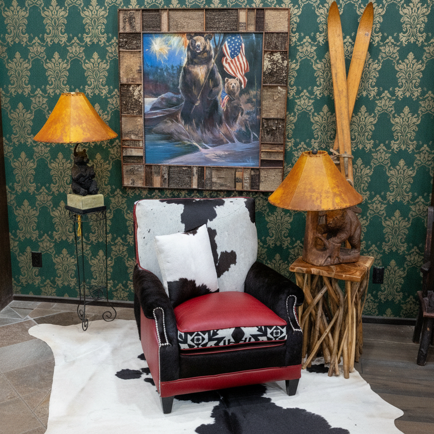 Newly Restyled Antique Chair with Pendleton Accent Fabric 1930's-1940s Burgundy Red Leather Southwestern Style Chair with Black White Cowhide and Solid Hardwood Frame