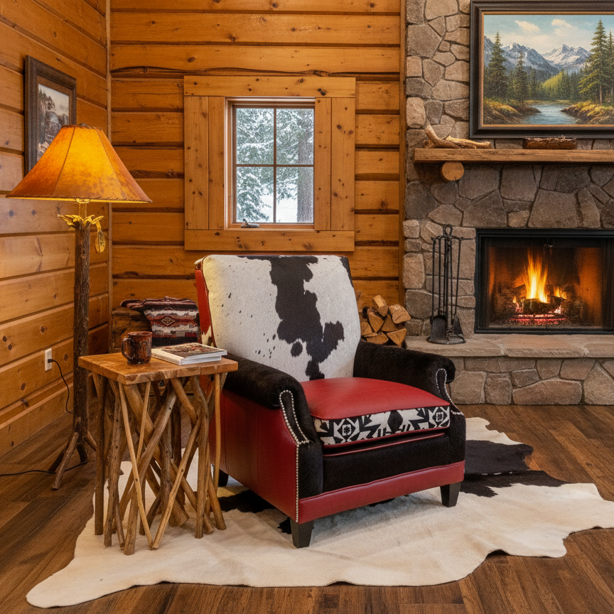 Newly Restyled Antique Chair with Pendleton Accent Fabric 1930's-1940s Burgundy Red Leather Southwestern Style Chair with Black White Cowhide and Solid Hardwood Frame