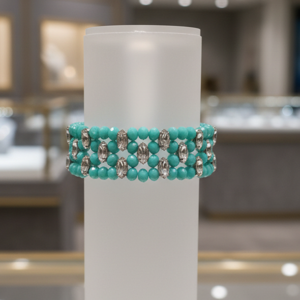 Charming Sky-Blue Beaded Stretch Bracelet Adorned with Rhinestones