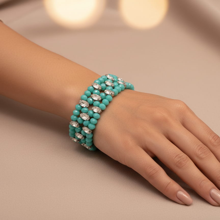 Charming Sky-Blue Beaded Stretch Bracelet Adorned with Rhinestones