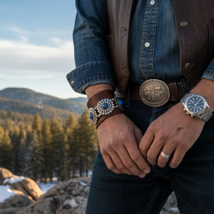 Stunning Western Style Blue Stone Silver Plated Strech Bracelet