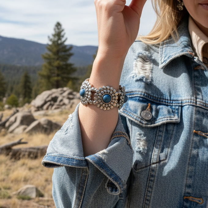 Stunning Western Style Blue Stone Silver Plated Strech Bracelet