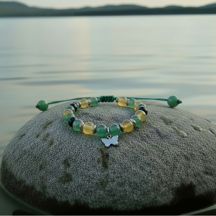 Beautiful Green Adventuring, Yellow Jade, and Hematite Adjustable Bracelet with Butterfly Charm