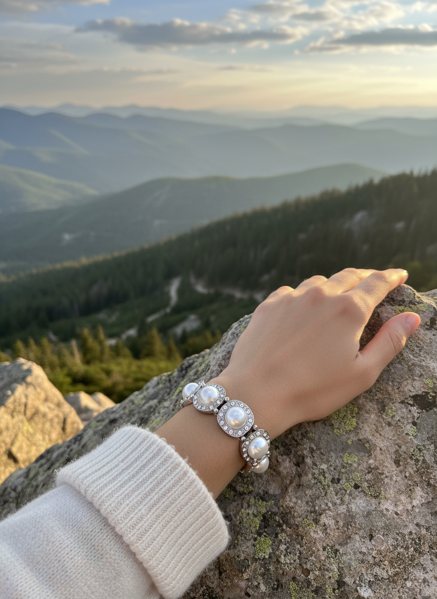 Silver Toned Stretch Bracelet With Faux Pearls And Crystals