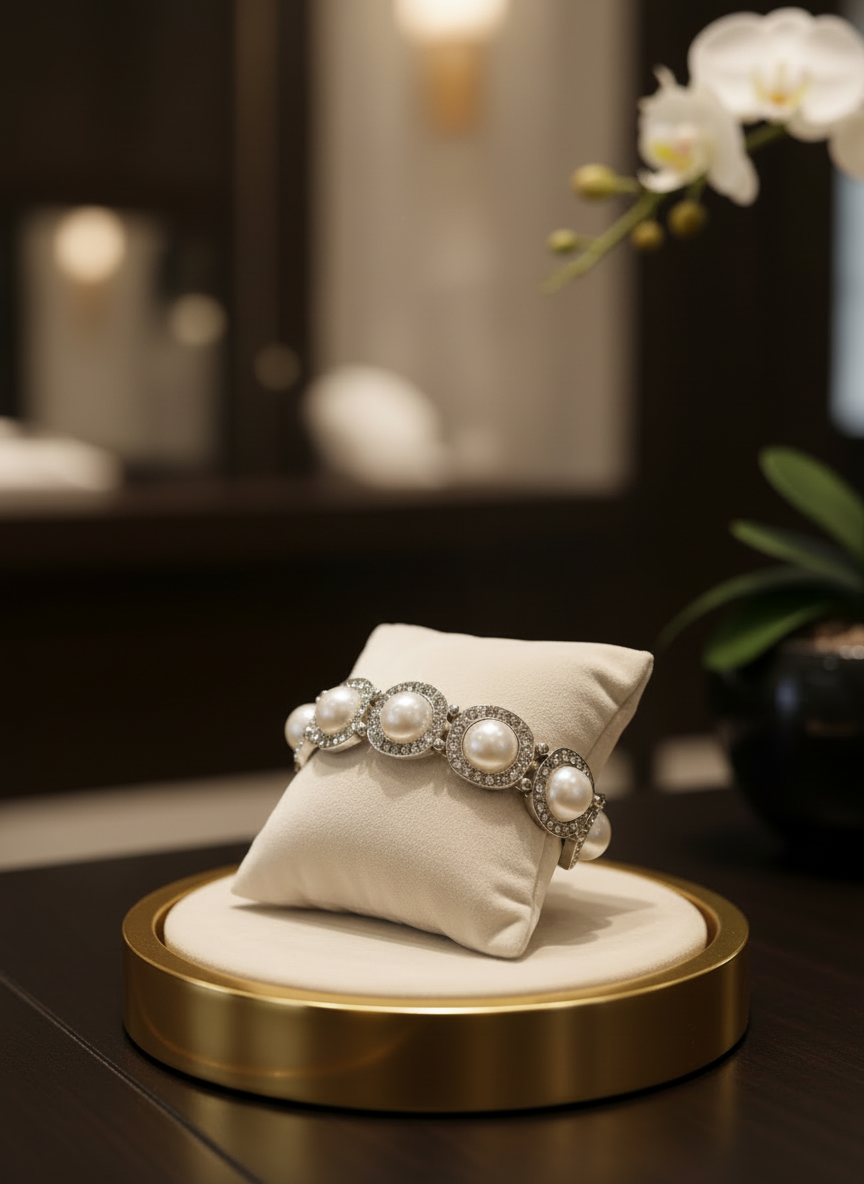 Silver Toned Stretch Bracelet With Faux Pearls And Crystals