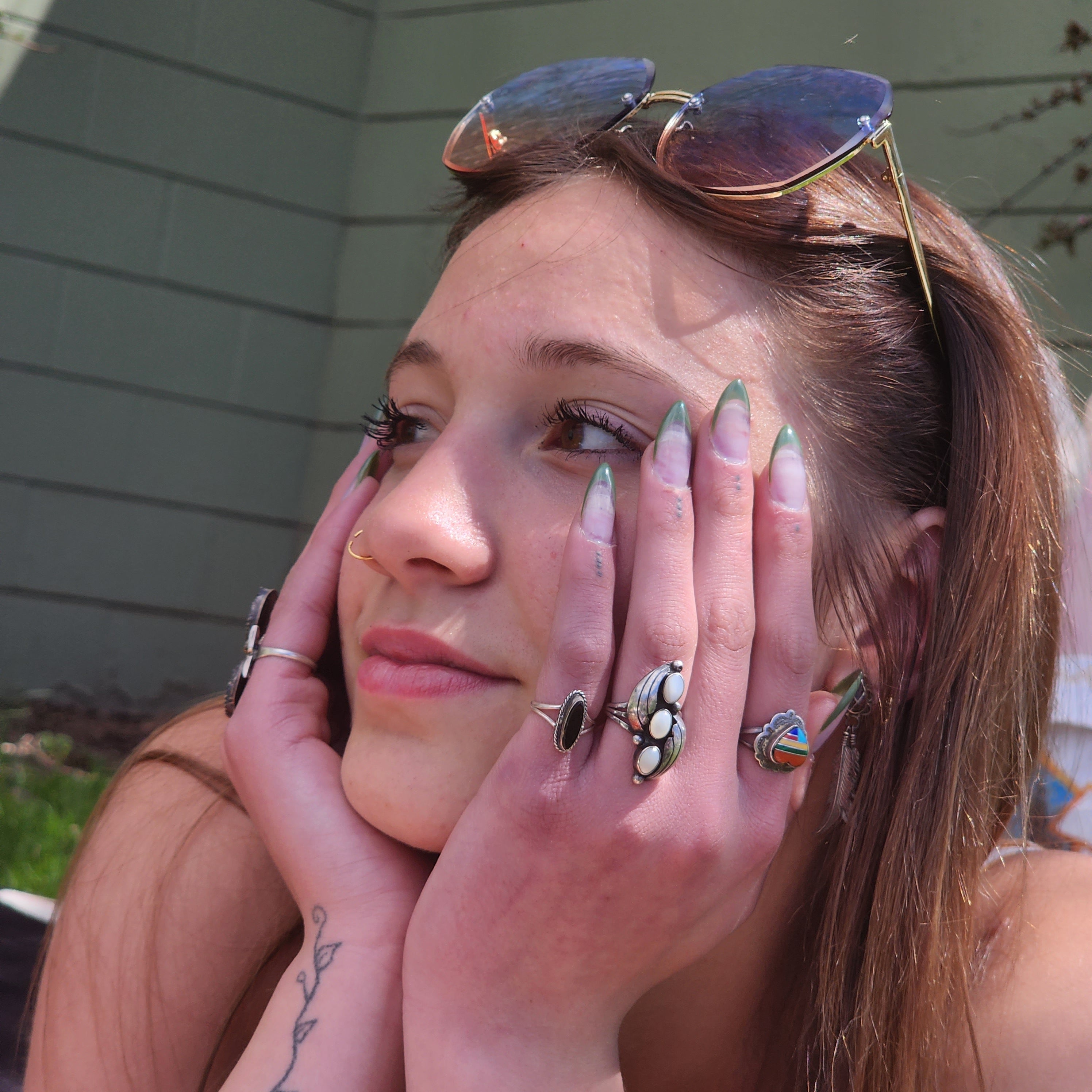 Vintage Navajo Three White Opal Gemstones Embellished in Sterling Silver Swirls Split Band Ring