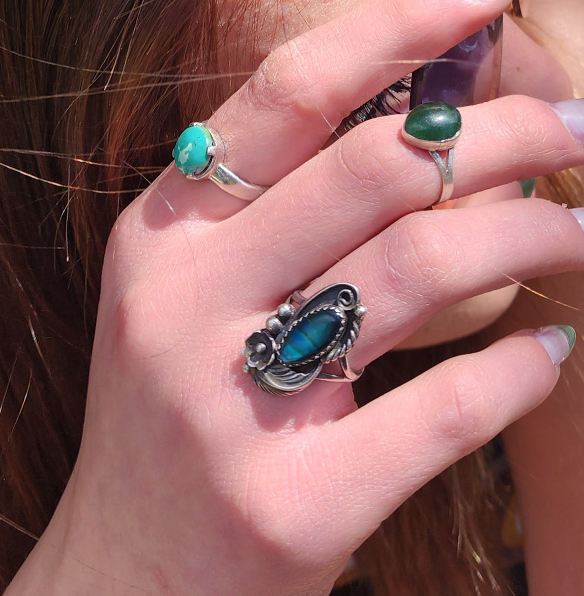 Oval Shaped Labradorite with Flower & Feather Embellishment with Split Band Size 6.5 Ring