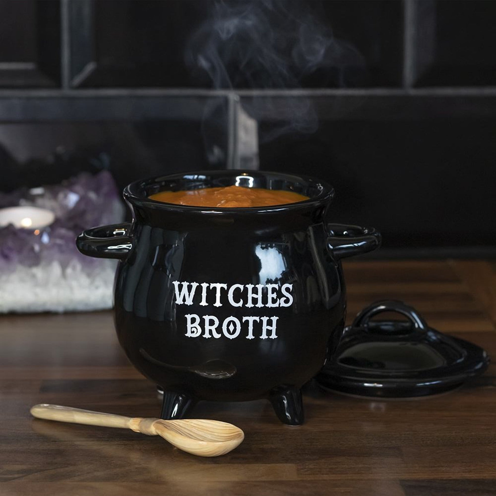 "Mystic Broth" Black Bowl with Witches Broom Spoon