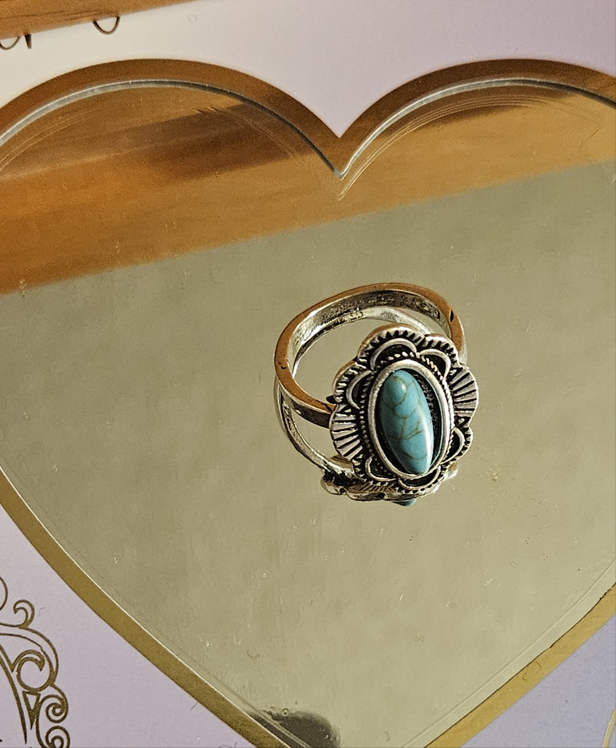 Alloy Plated Silver Faux Turquoise Gem Ring Size 6.5