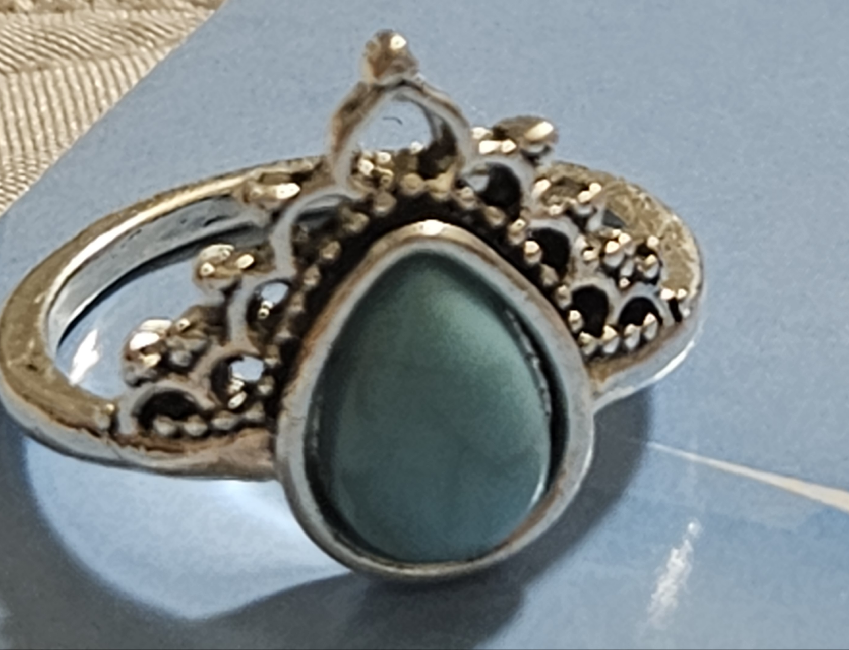 Bright Alloy Silver Plated Faux Turquoise Tear Ring Size 8.5