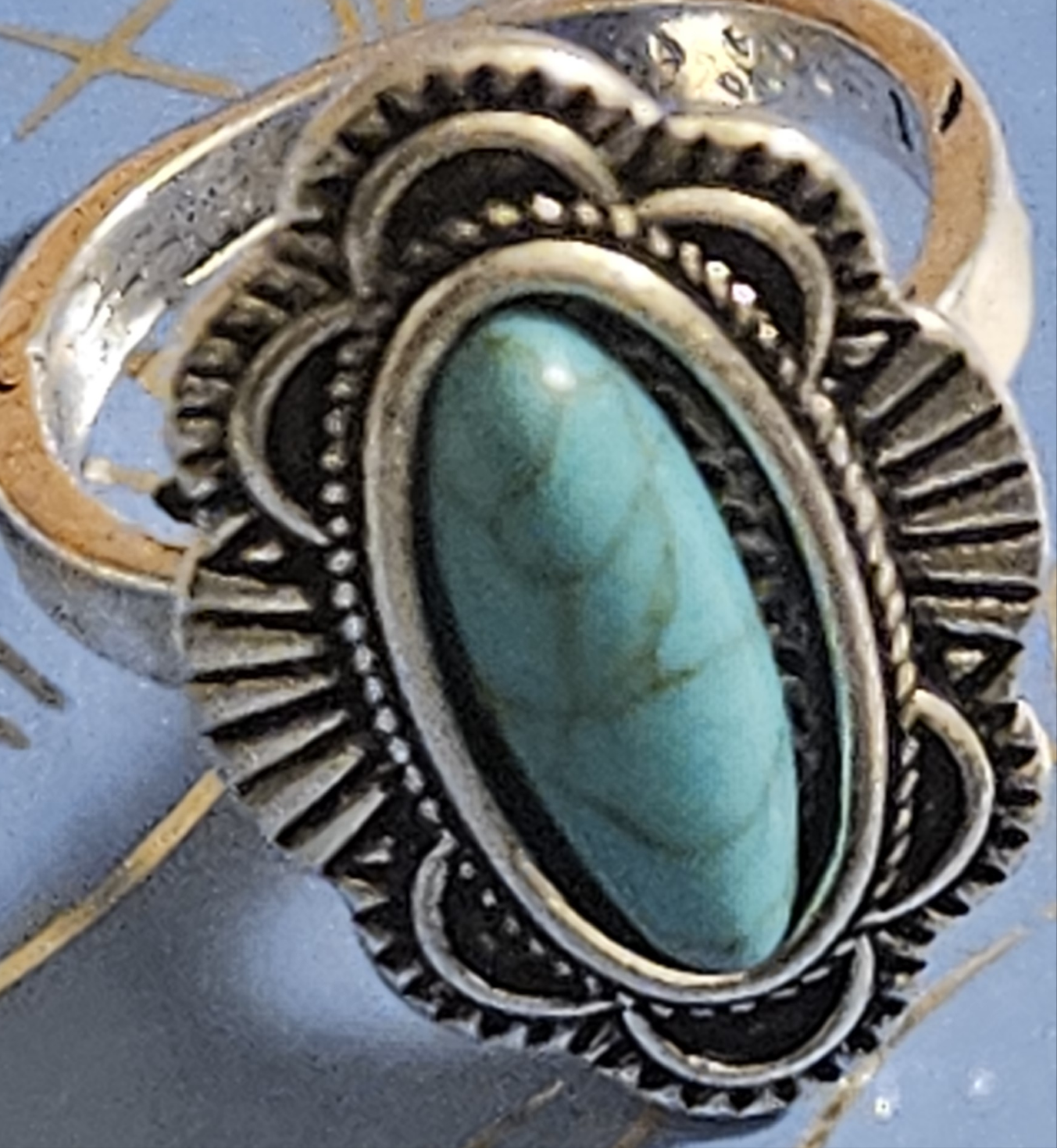 Alloy Plated Silver Faux Turquoise Gem Ring Size 6.5