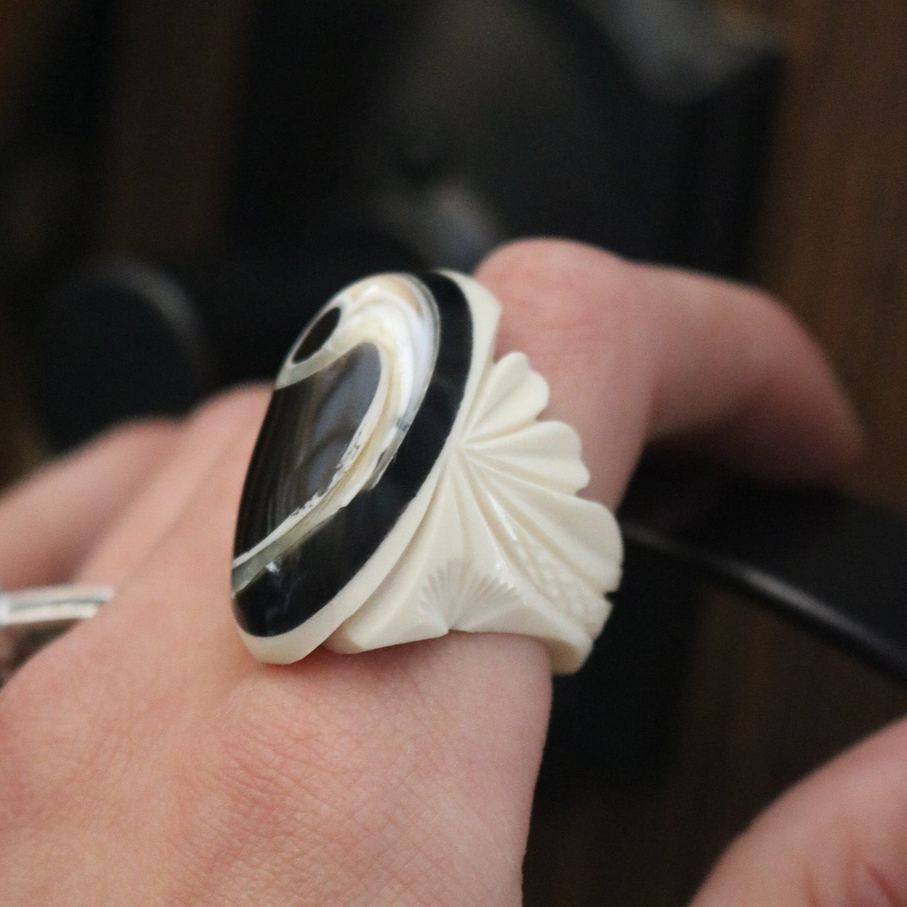 White Ivory with Inlayed Black Onyx and Mother of Pearl Ring Size 7