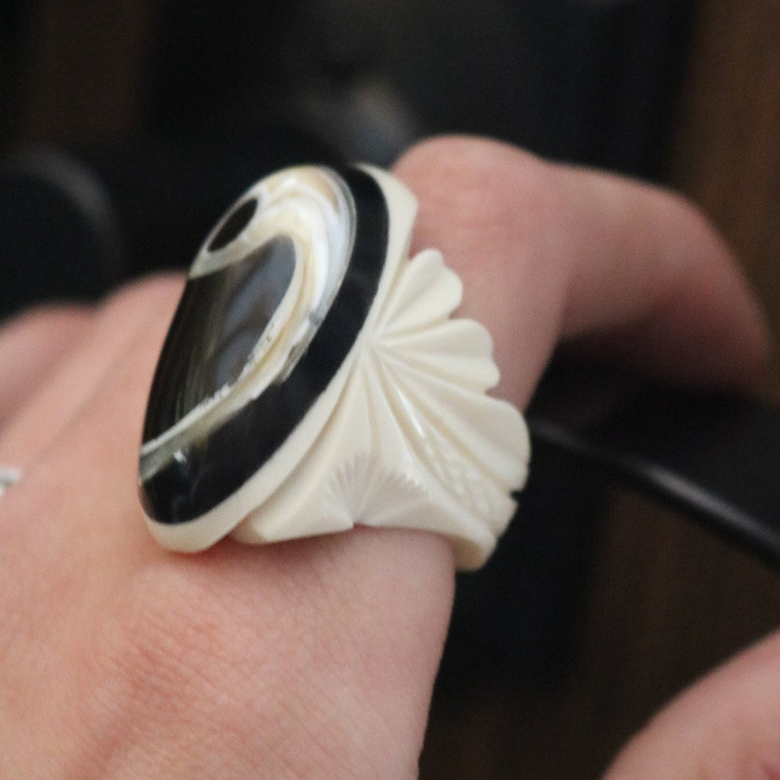 White Ivory with Inlayed Black Onyx and Mother of Pearl Ring Size 7