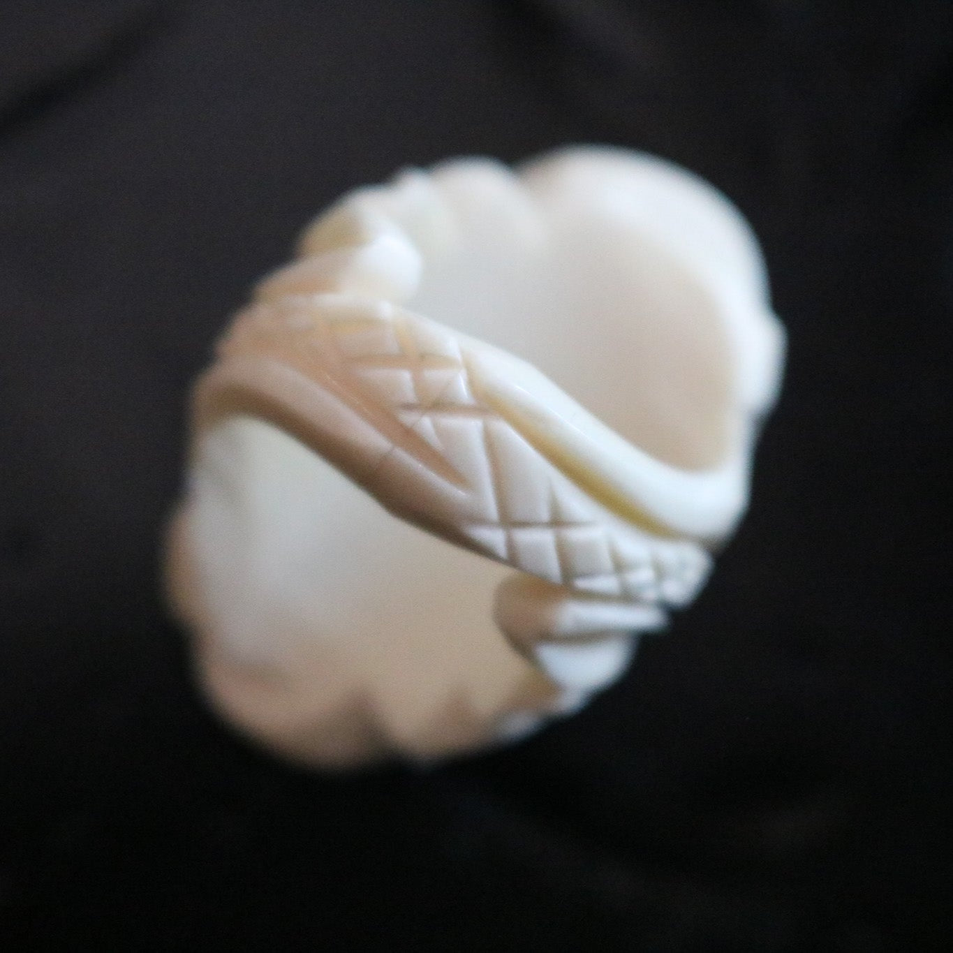 White Ivory with Inlayed Black Onyx and Mother of Pearl Ring Size 7