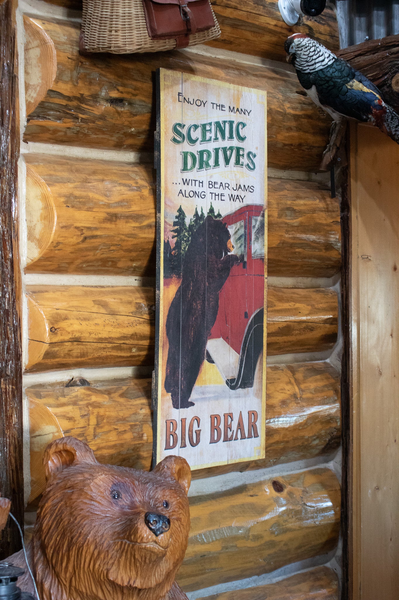 Wooden Plaque Depicting a Large Black Bear Hanging Off of a Red Car "Enjoy the Many Scenic Drives"