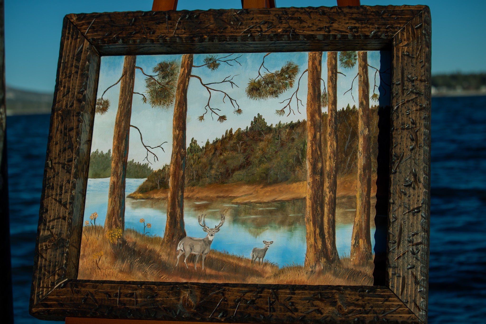 Original Angie Stam Acrylic on Canvas Deer in by the Forest Lake Painting with Custom Solid Distressed Wood Frame