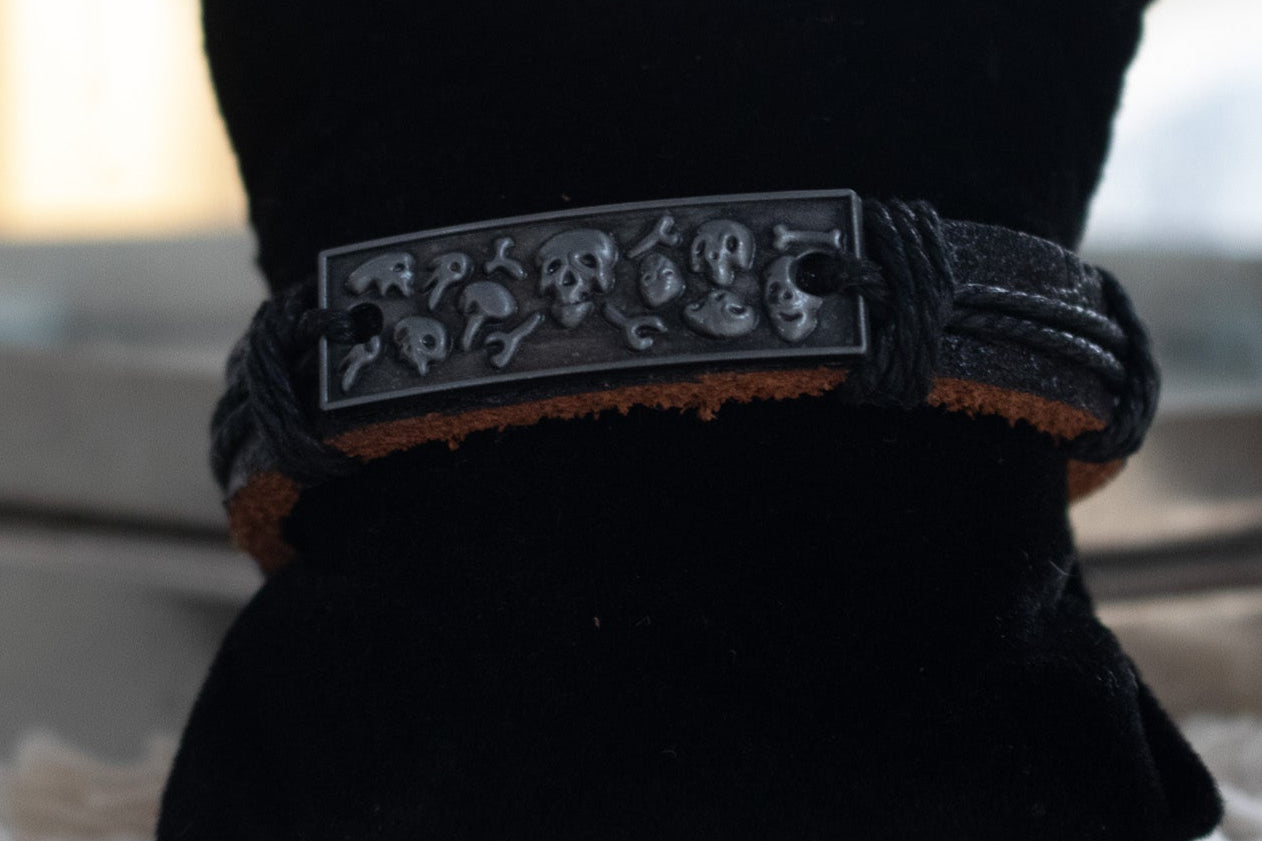 Skull and Bones Charm Leather Adjustable Bracelet