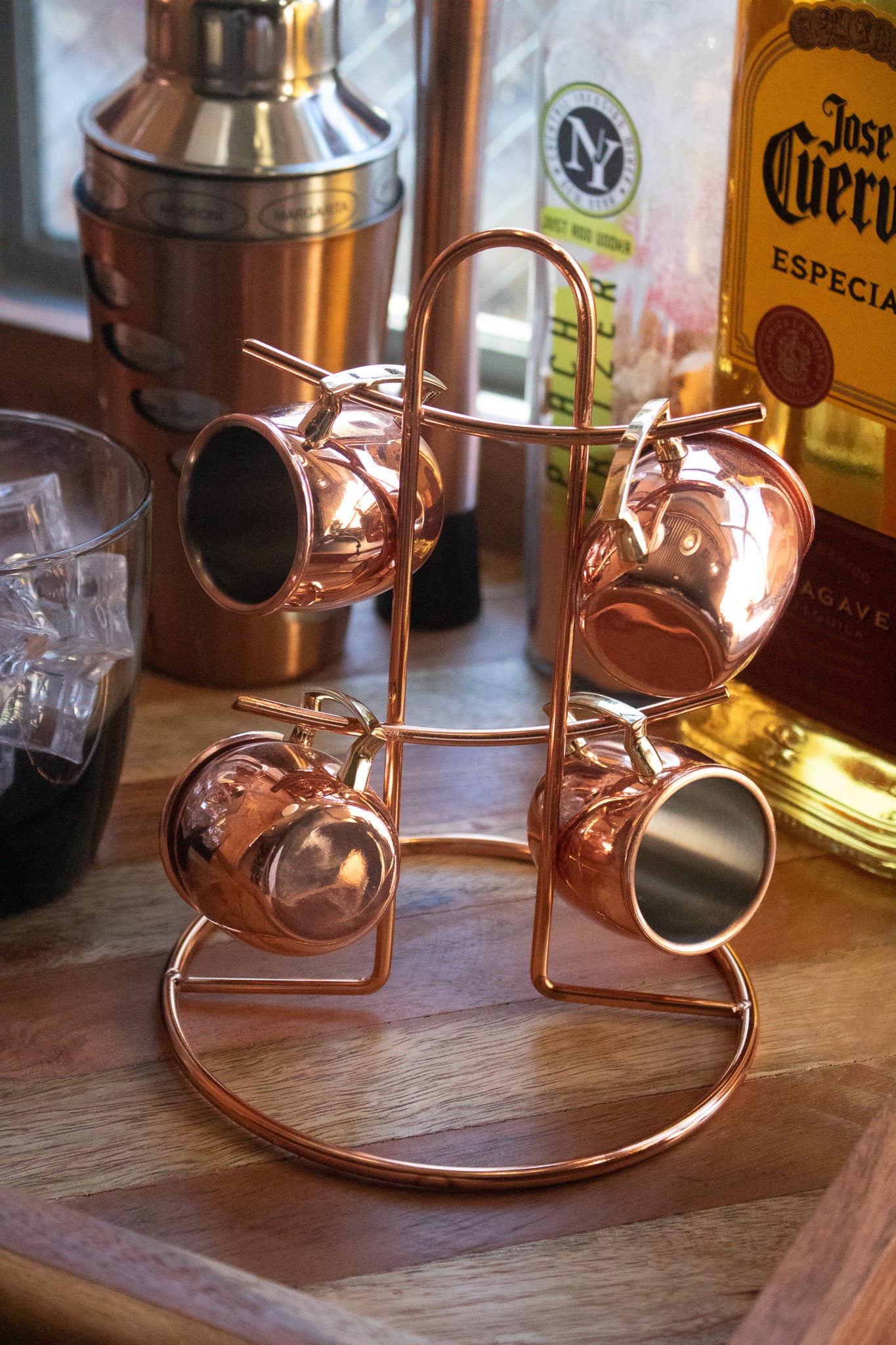 Moscow Mule Mini Copper 4 Piece Shot Cups with Display Stand