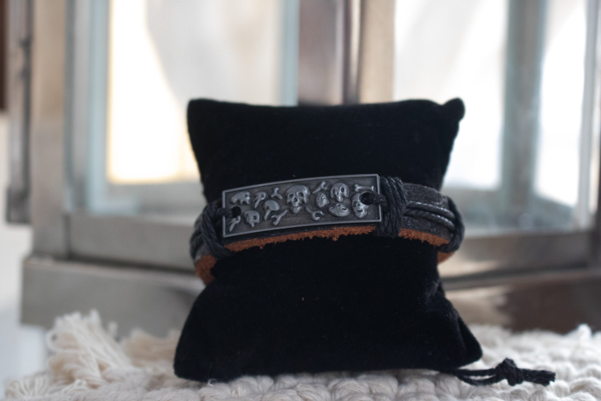 Skull and Bones Charm Leather Adjustable Bracelet