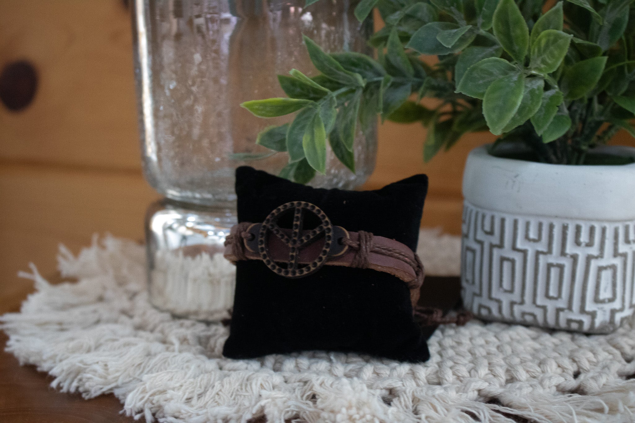 Brown Leather Peace Sign Charm Adjustable Bracelet