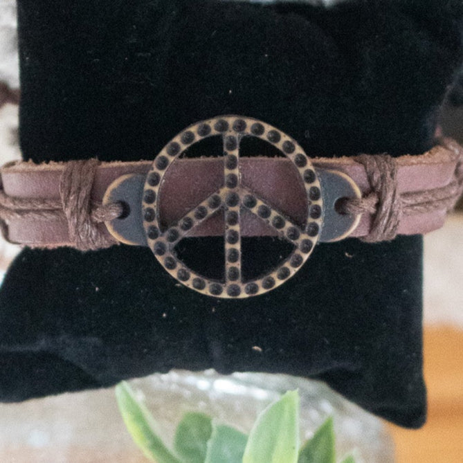Brown Leather Peace Sign Charm Adjustable Bracelet