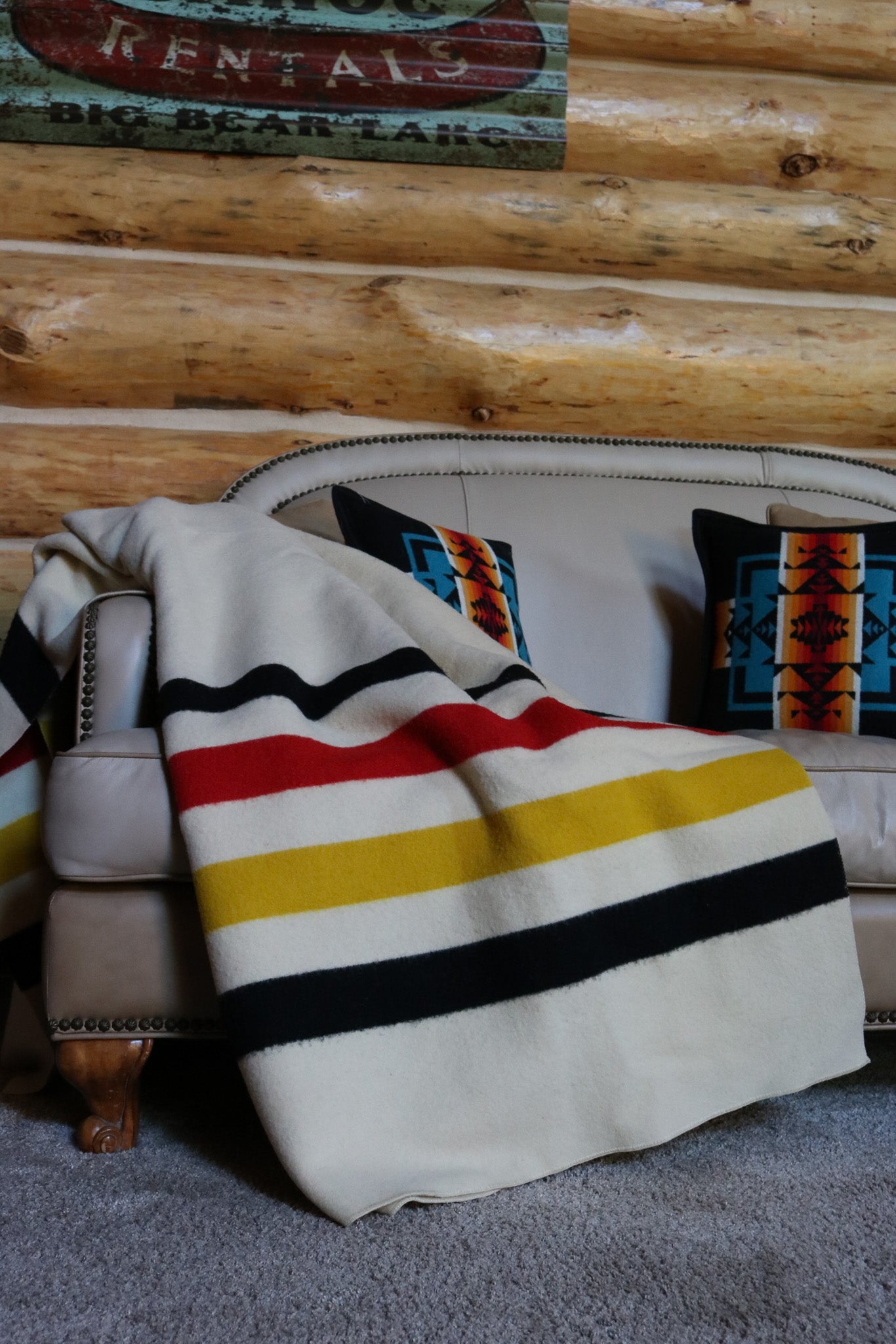 Pendleton Glacier Park Virgin Wool Blanket Cream Colored with Vibrant Black Yellow & Red Stripes