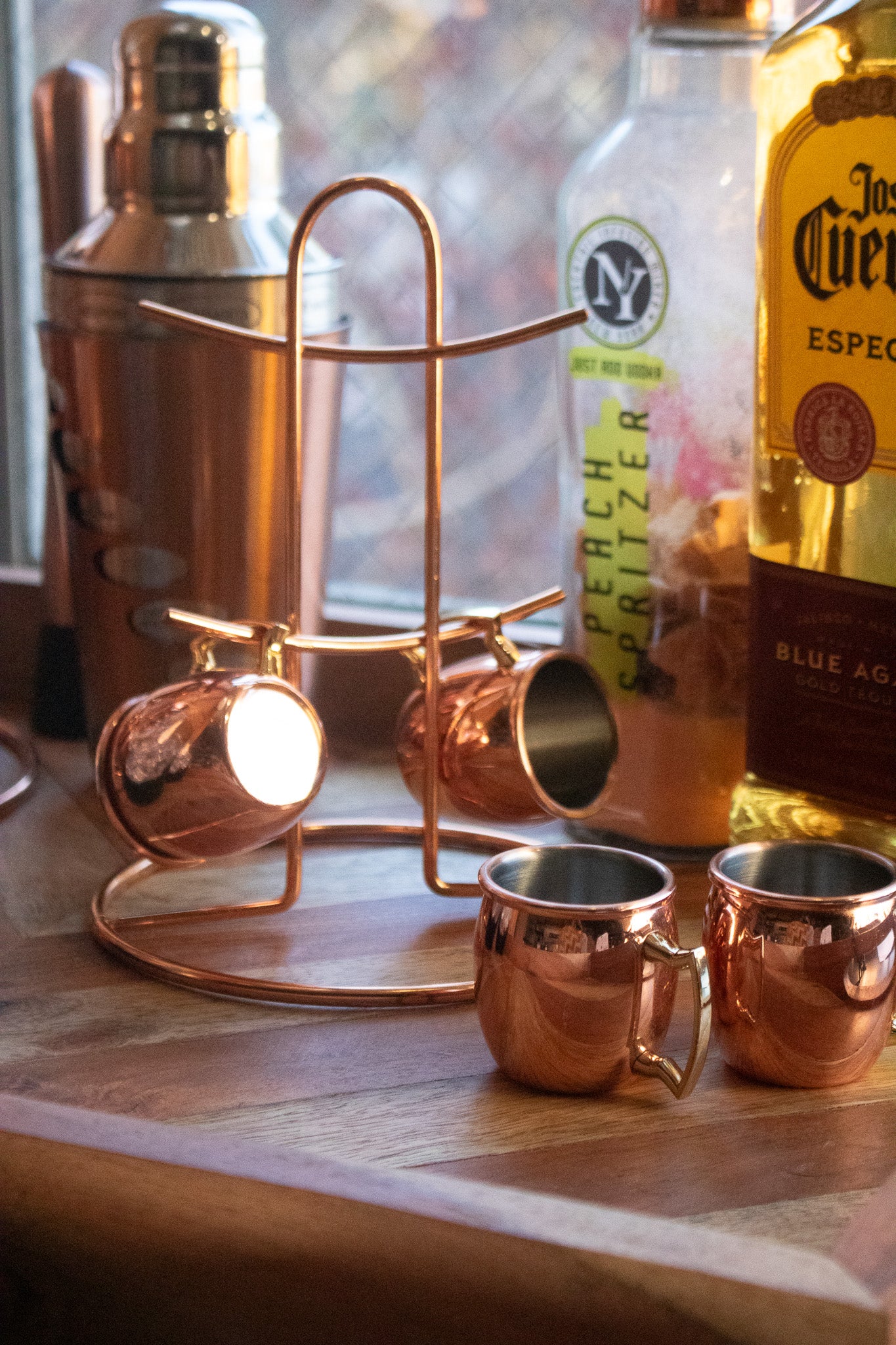 Moscow Mule Mini Copper 4 Piece Shot Cups with Display Stand