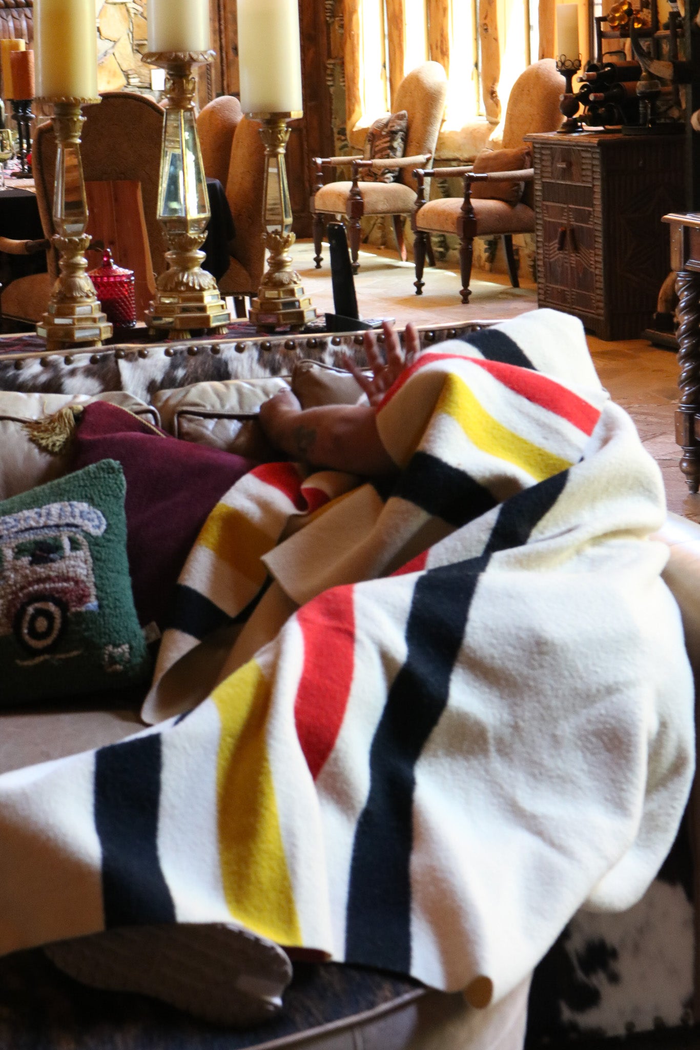 Pendleton Glacier Park Virgin Wool Blanket Cream Colored with Vibrant Black Yellow & Red Stripes