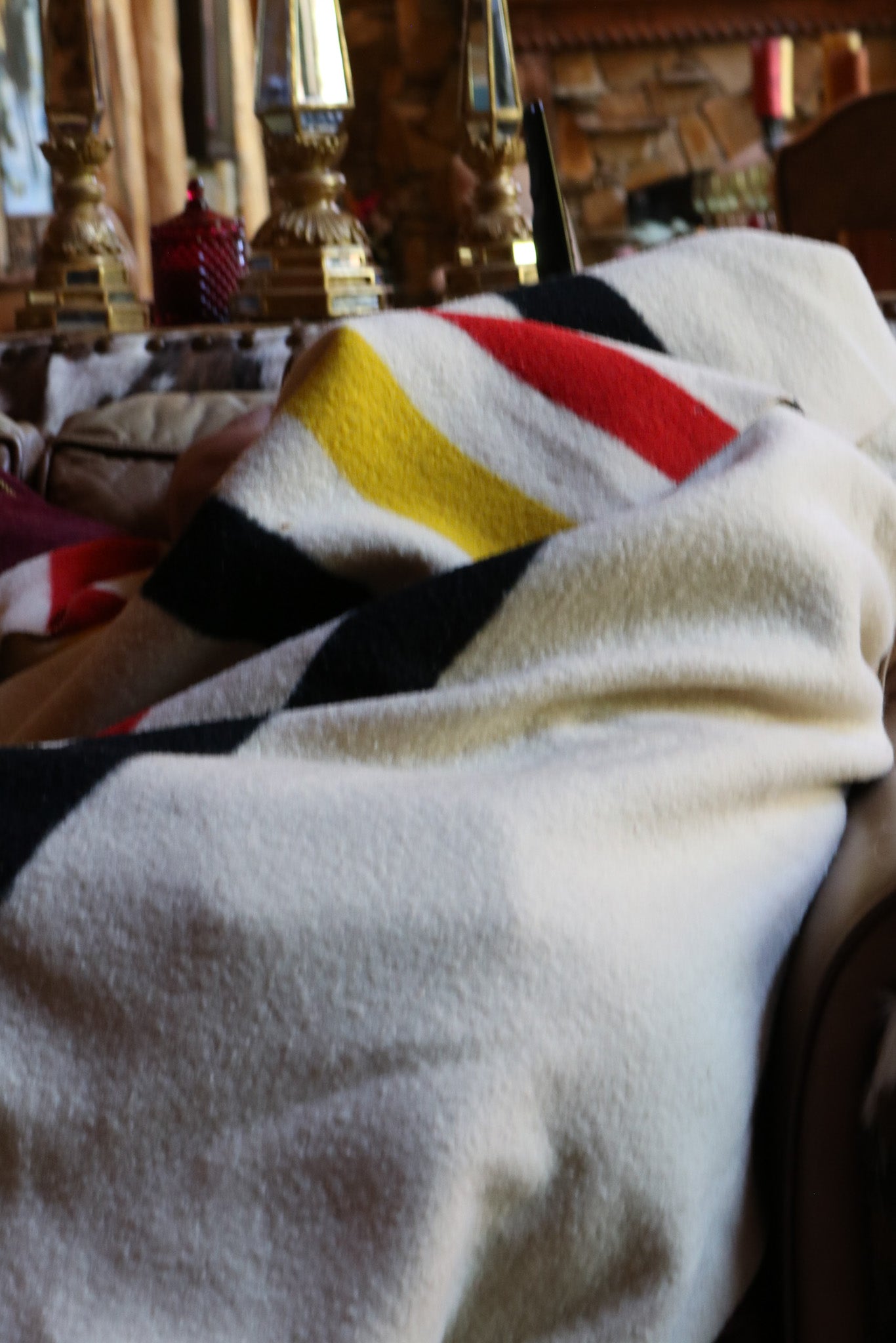 Pendleton Glacier Park Virgin Wool Blanket Cream Colored with Vibrant Black Yellow & Red Stripes