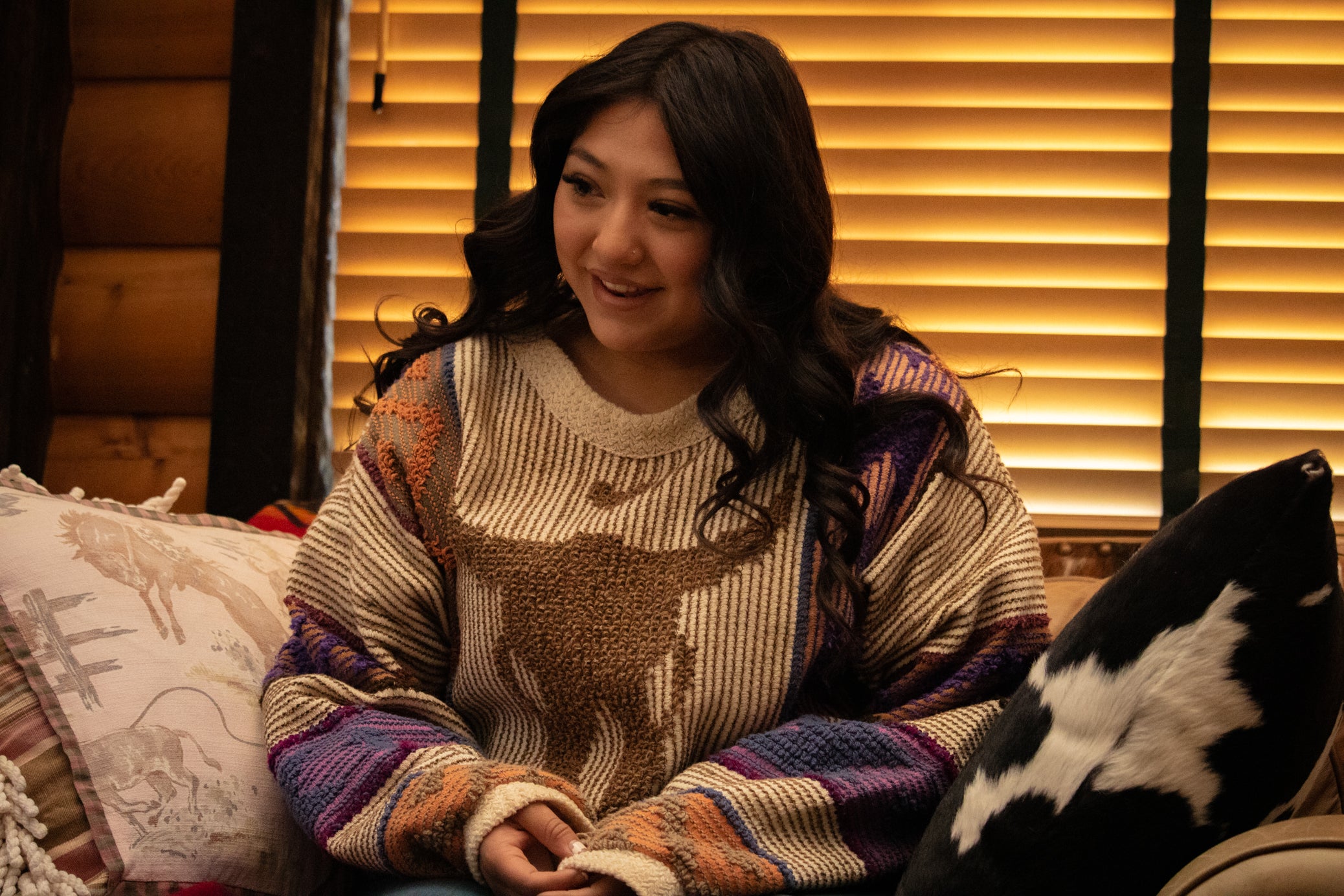 Allen Wah Collection Western tan Cow Skull Multi - Colored Pull - Over Sweater with Lining