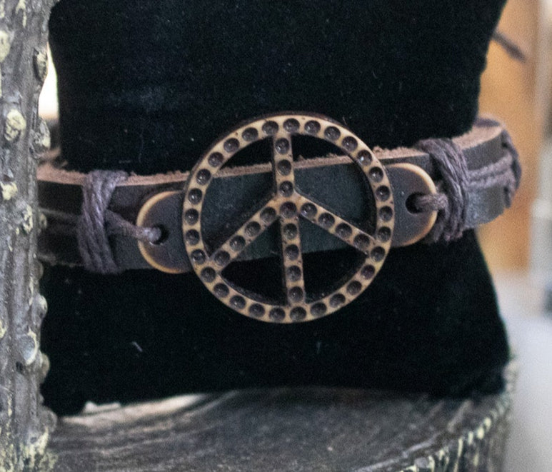 Brown Leather Peace Sign Charm Adjustable Bracelet