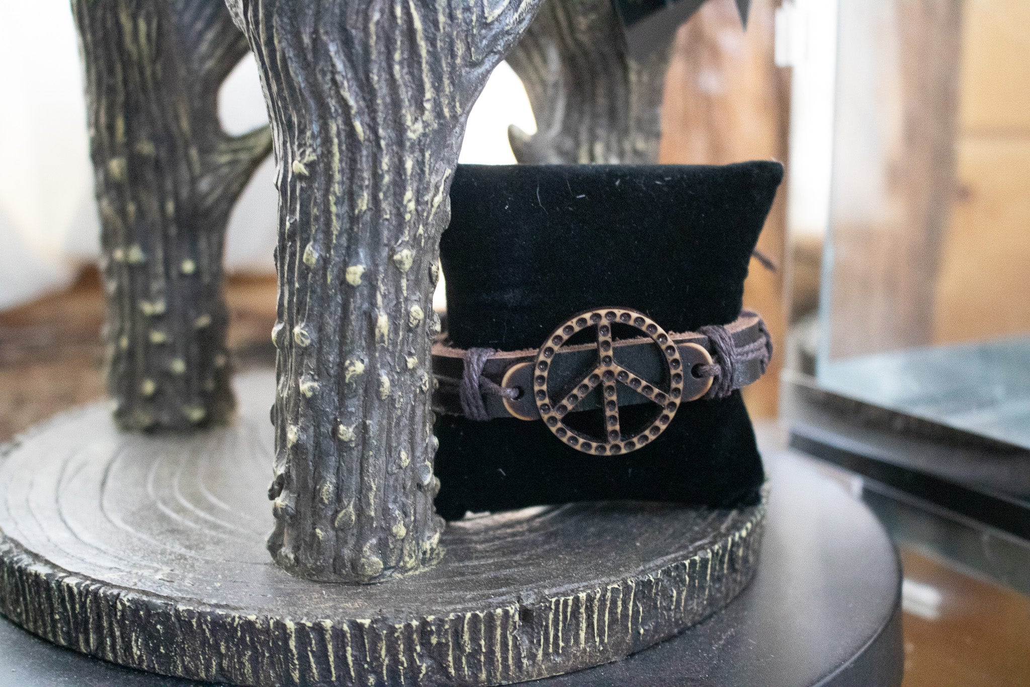 Brown Leather Peace Sign Charm Adjustable Bracelet