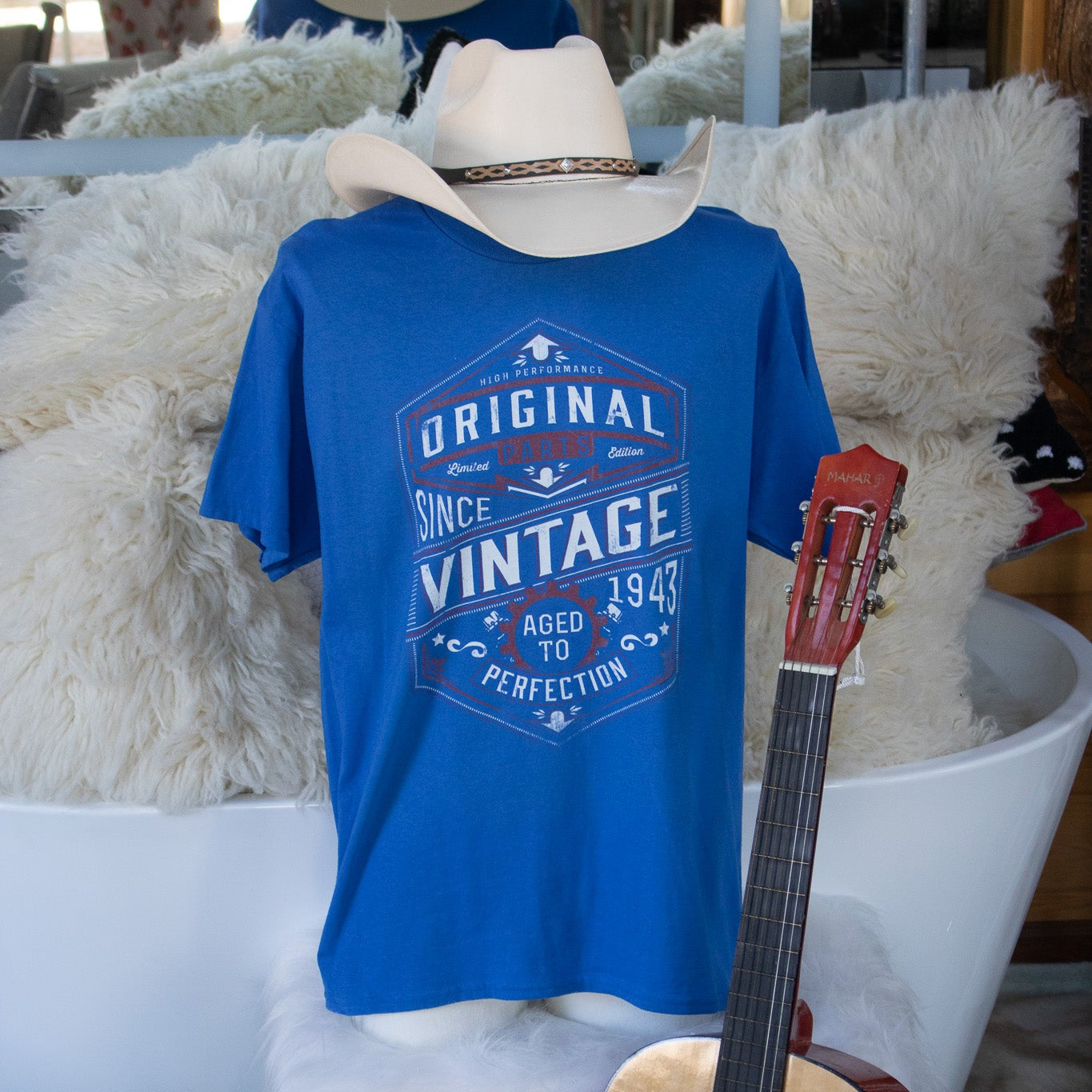"Aged to Perfection" Vintage Style Blue Tee