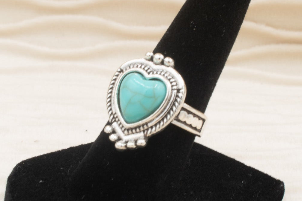 Heart Shaped Silver Tone Faux Turquoise Stone Ring Size 6