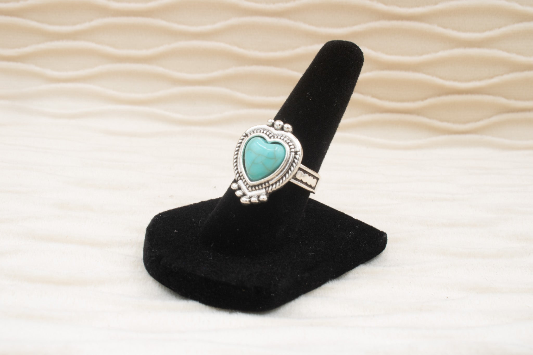Heart Shaped Silver Tone Faux Turquoise Stone Ring Size 6
