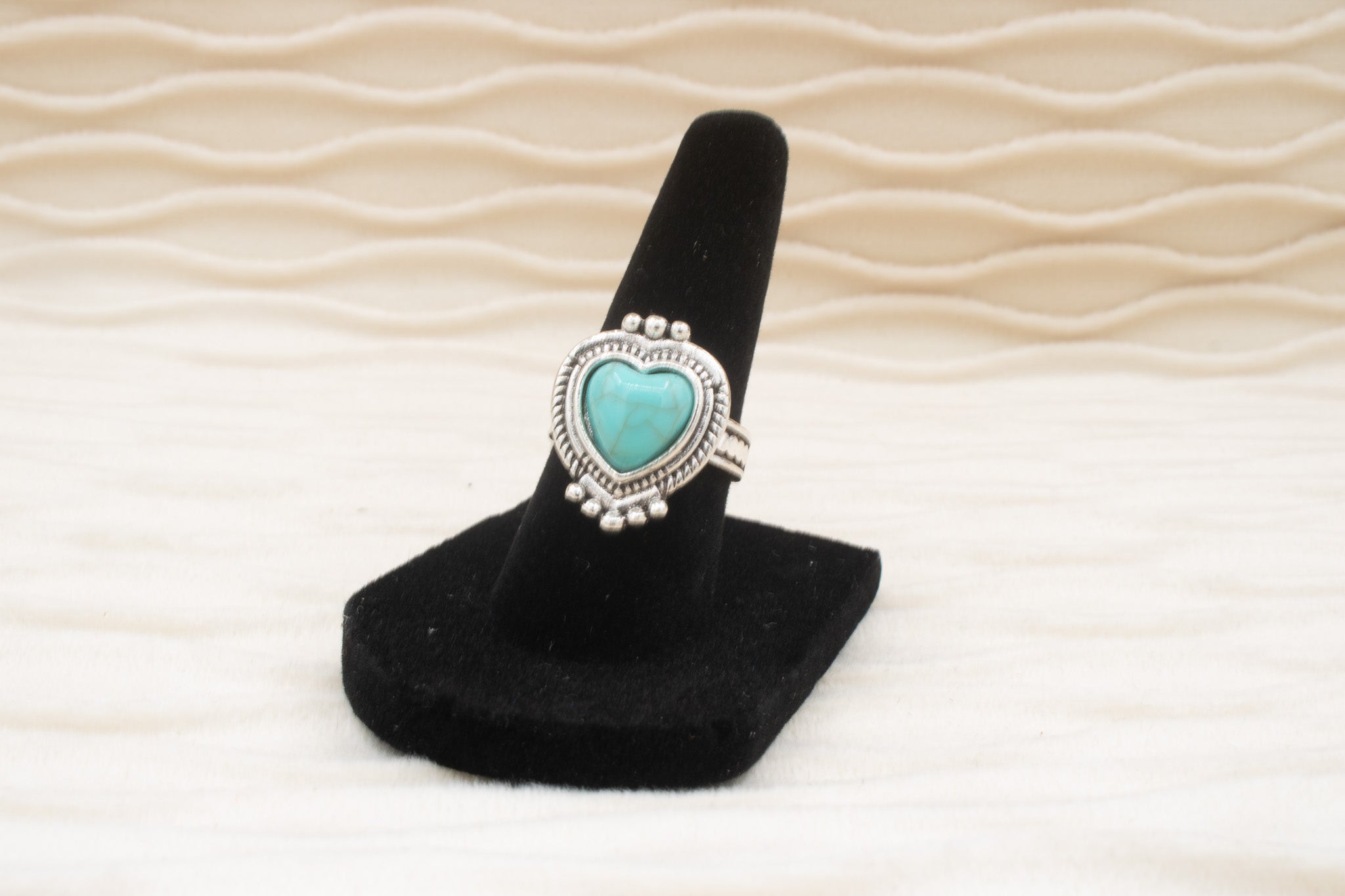 Heart Shaped Silver Tone Faux Turquoise Stone Ring Size 6