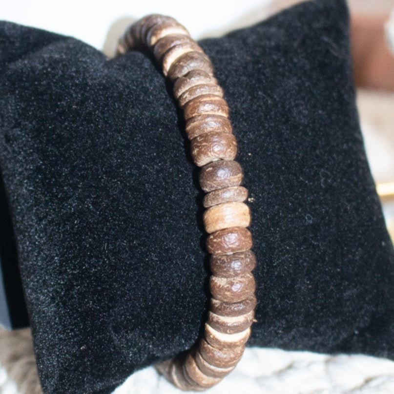 Brown Wooden Bead Stretchy Bracelet