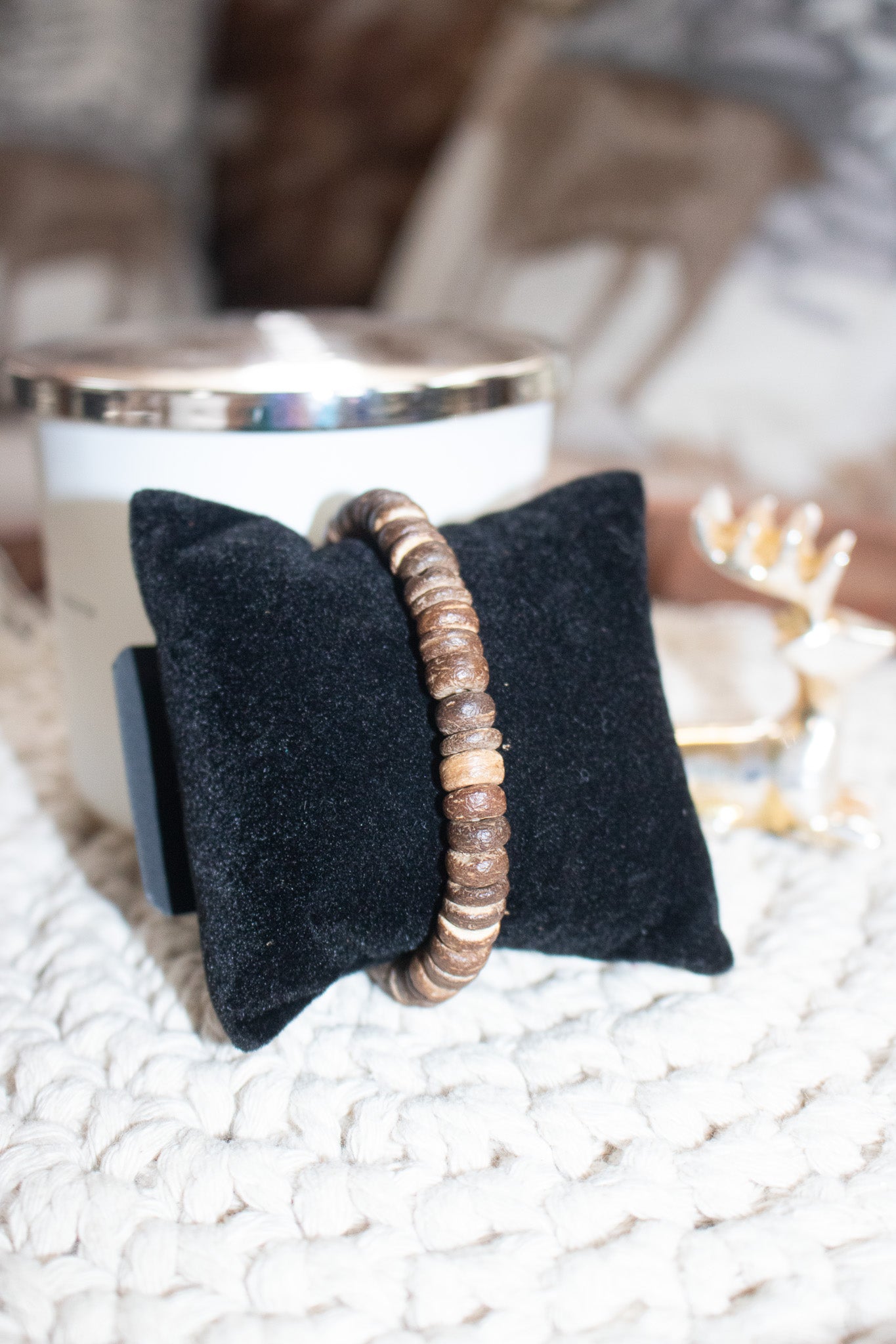Brown Wooden Bead Stretchy Bracelet