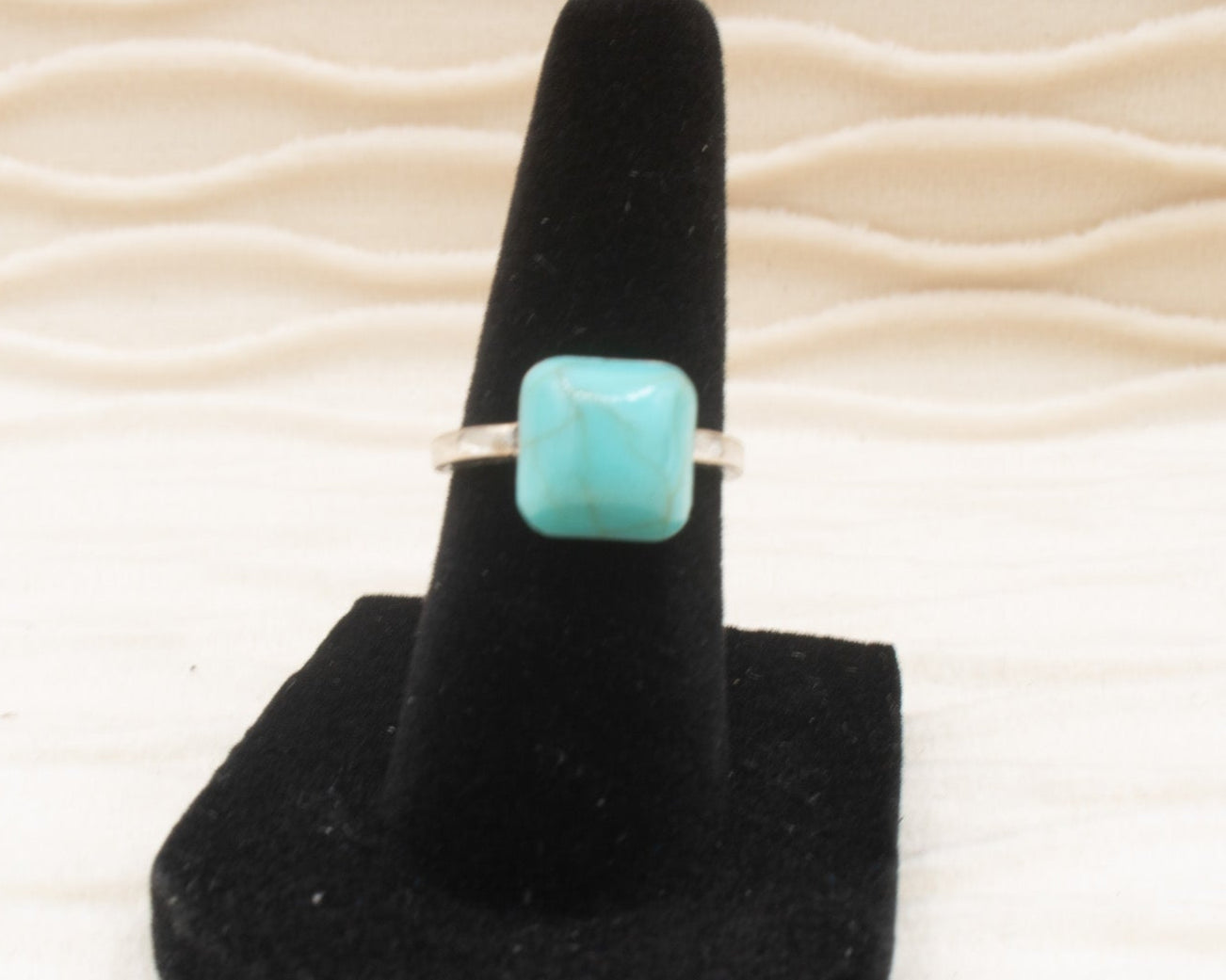 Square Cut Faux Turquoise Silver Tone Ring Size 5.5