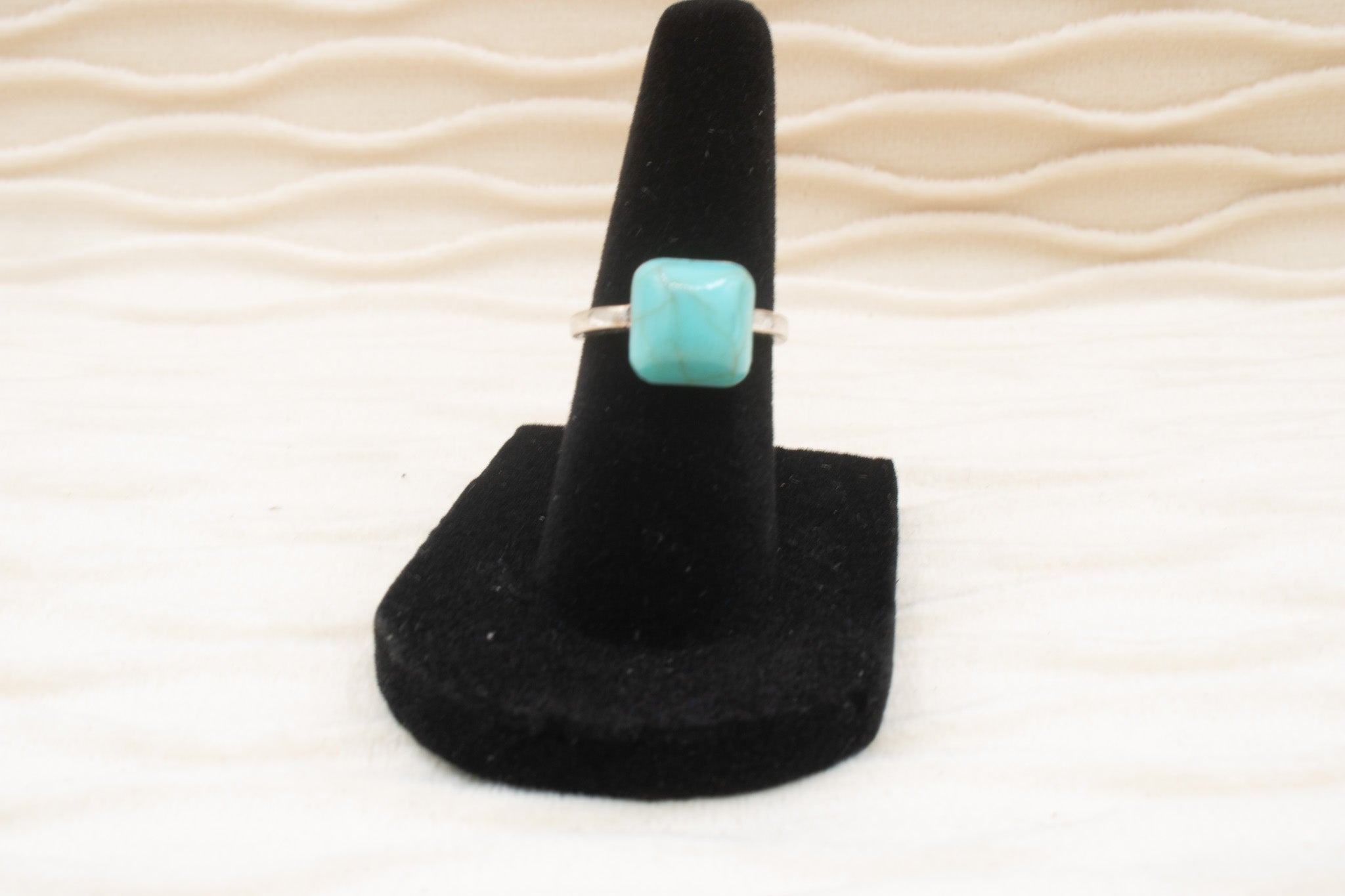 Square Cut Faux Turquoise Silver Tone Ring Size 5.5